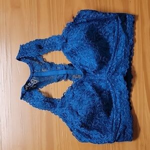Blue Lace Bralette,  Racerback Bra Top, Medium